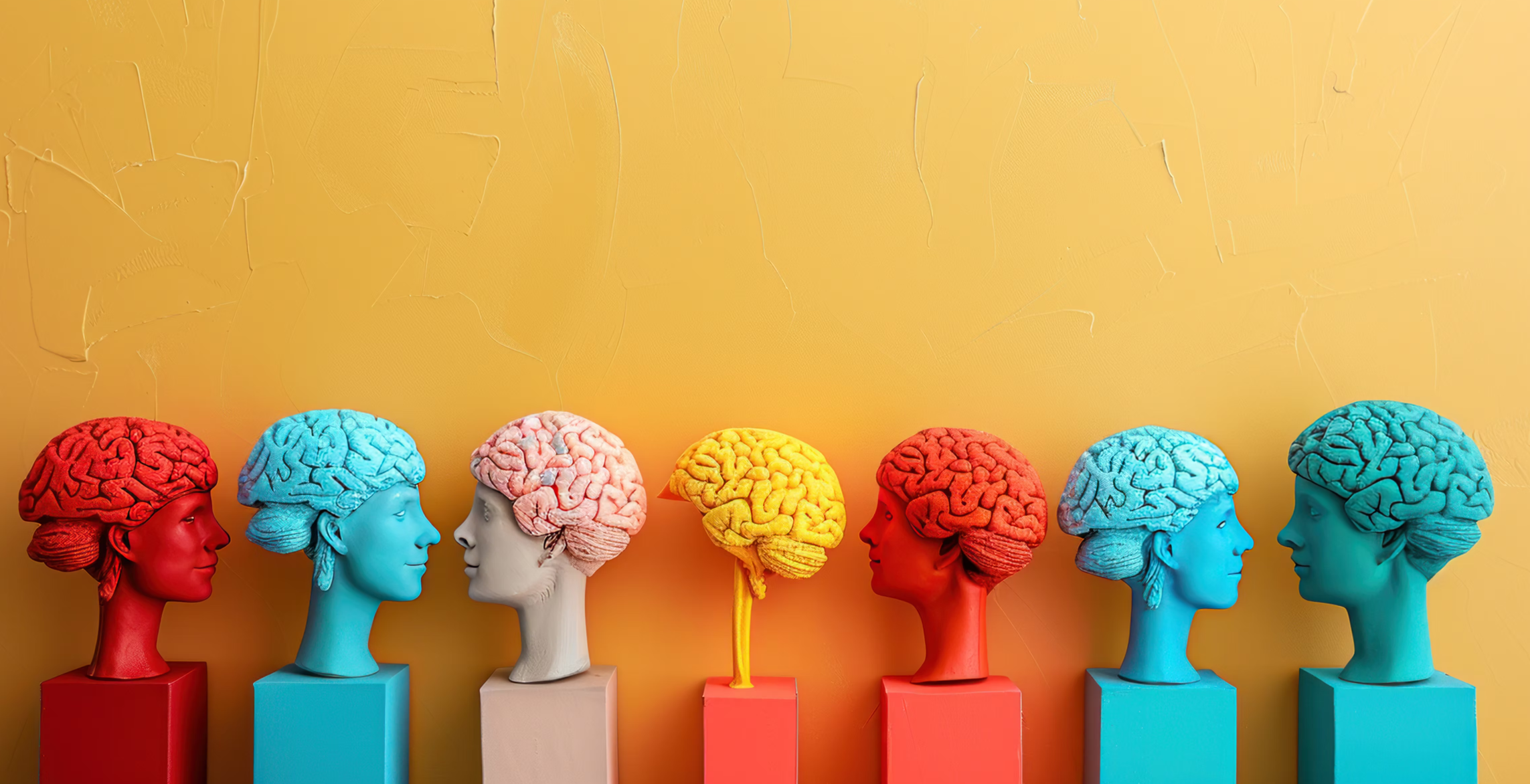 Multiple coloured head and brain models against a yellow backdrop