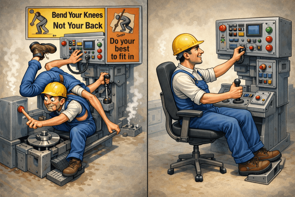 A split illustration comparing poor and good ergonomic design. On the left, a worker is awkwardly twisted and stretched to reach machine controls, with exaggerated limbs and strained posture, surrounded by signs reading “Bend Your Knees Not Your Back” and “Do your best to fit in,” highlighting discomfort and unsafe adaptation of the body to the machine. On the right, the same worker sits comfortably in an adjustable chair, operating well-positioned controls with neutral posture, showing a machine designed to fit the human body safely and efficiently.