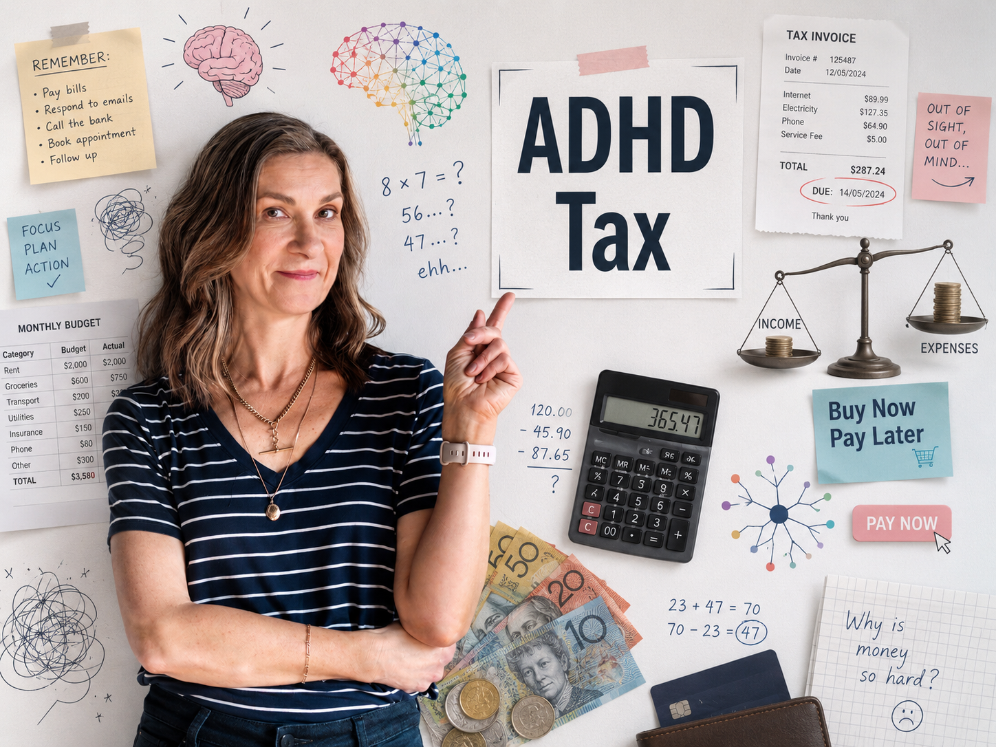 Woman pointing to an “ADHD Tax” sign on a white wall surrounded by bills, a calculator, Australian money, maths notes and neurodiversity-themed images illustrating ADHD, dyscalculia and financial stress.
