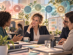 A midlife woman listens to colleagues during a workplace meeting, with icons above representing safety, inclusion, wellbeing, neurodiversity and work design.