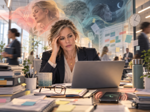 A stressed midlife woman working at a laptop in a busy office, surrounded by paperwork, with imagery representing hormonal changes, racing thoughts and disrupted sleep.